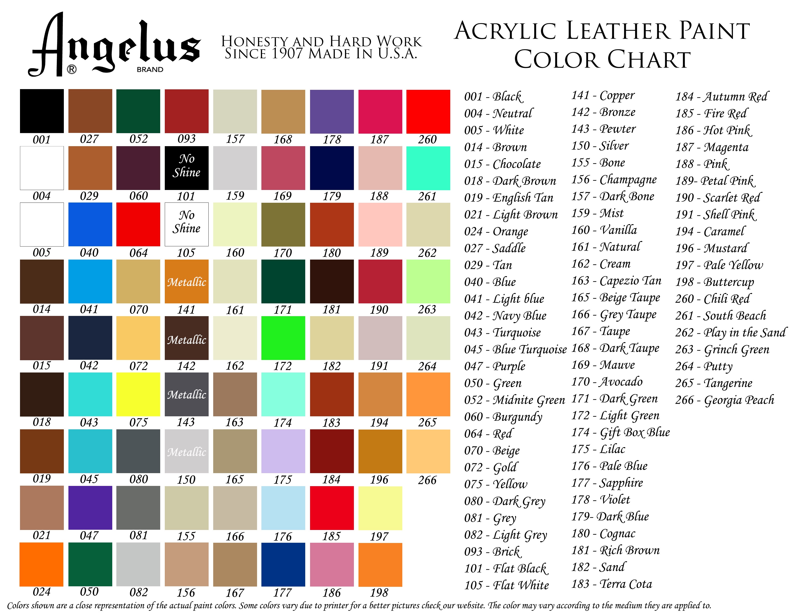 Fiebings Leather Dye Colour Chart